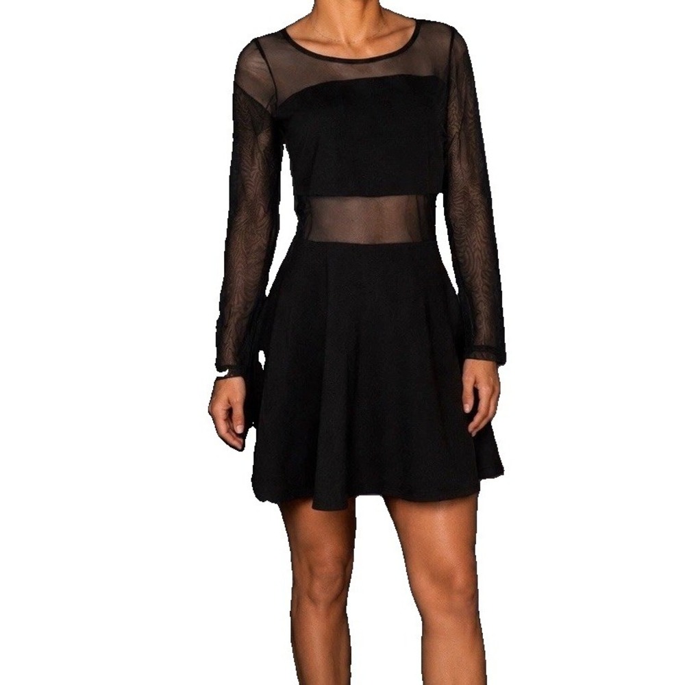 Terranova Black Mesh Panel Skater Dress M LS Illusion Waist LBD Goth Date Night